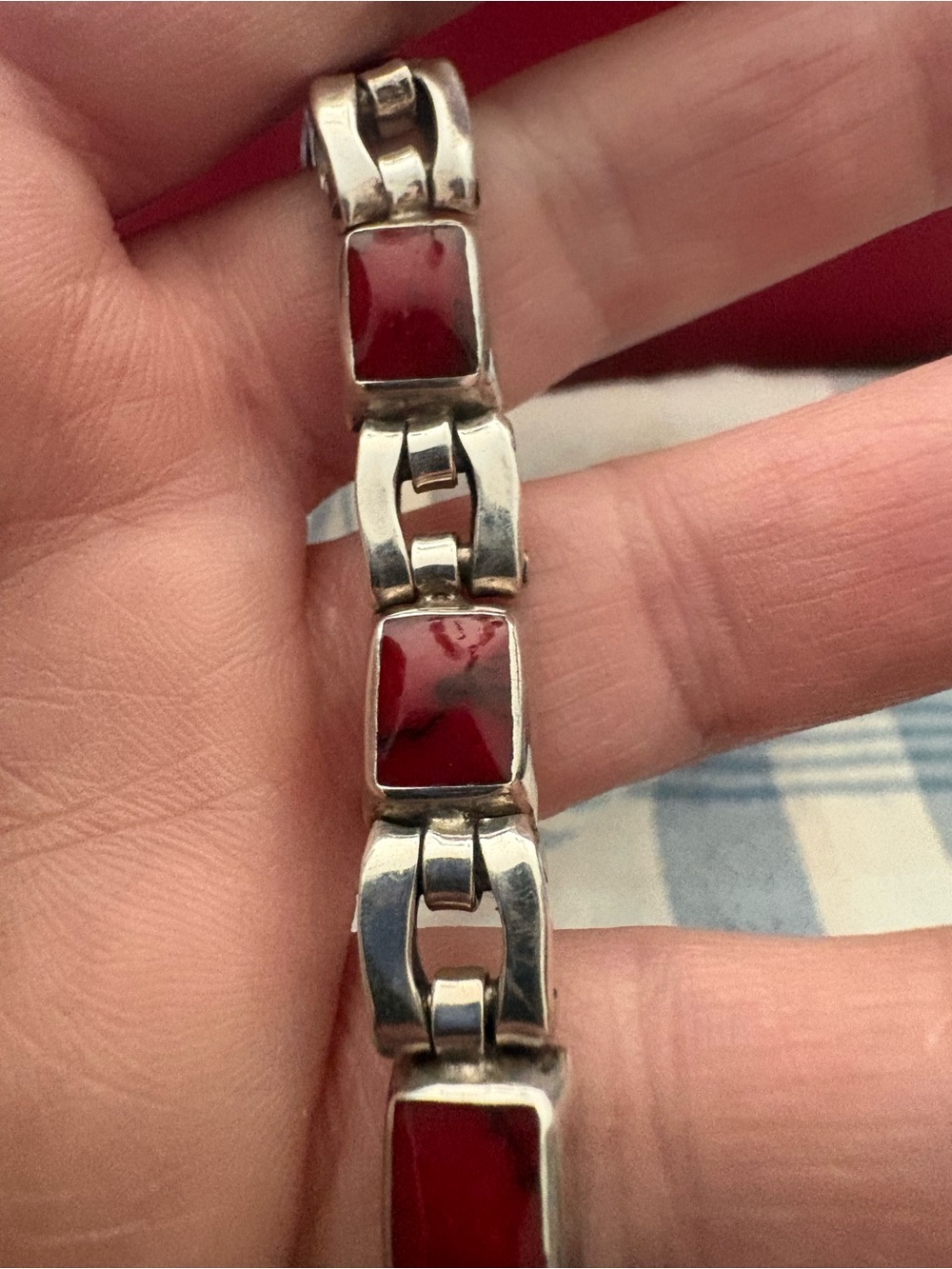 Sterling Silver Link Bracelet with Red coral / jasper inlay stones 7”